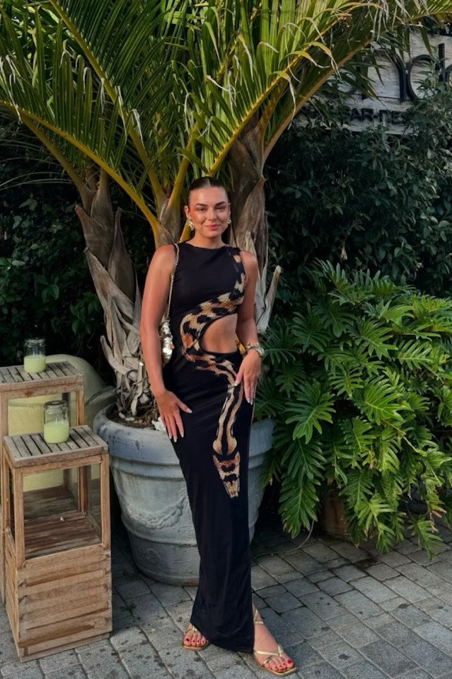 Valantomode | Chic Black Snake Print Cut-Out Maxi Dress for Glam Nights
