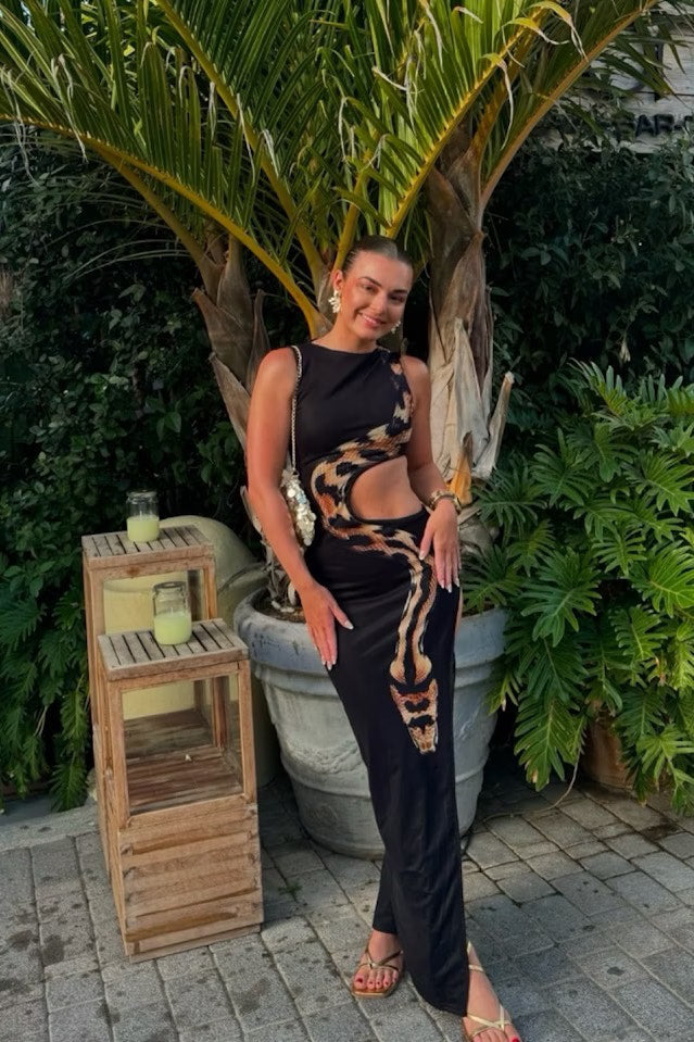 Valantomode | Chic Black Snake Print Cut-Out Maxi Dress for Glam Nights