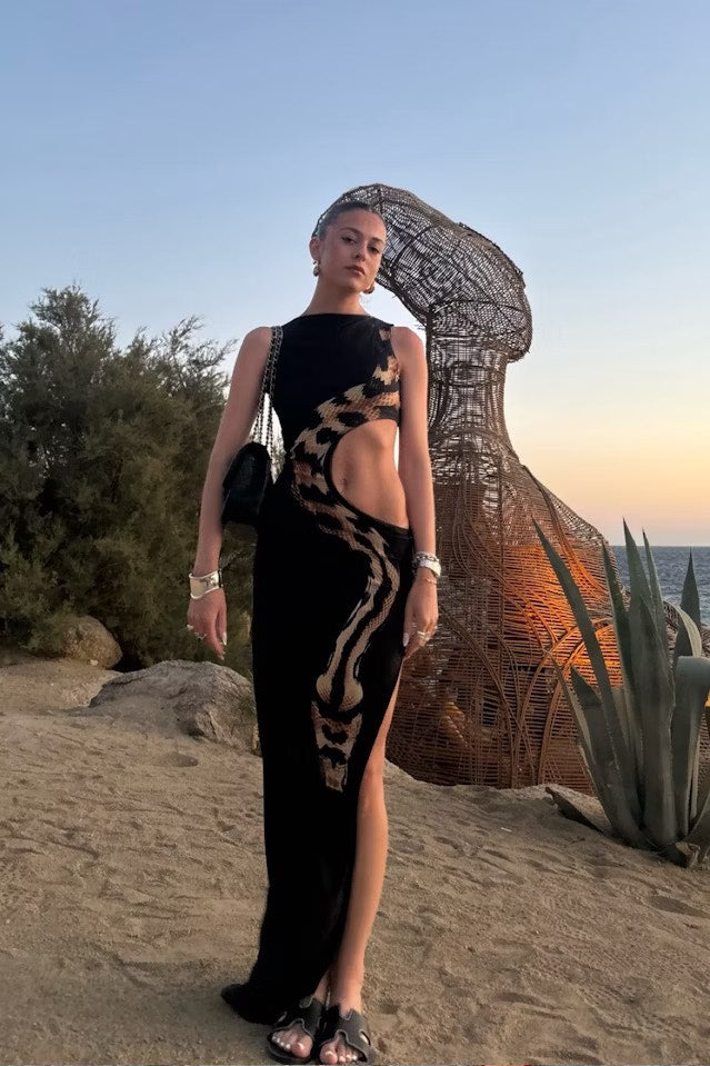 Valantomode | Chic Black Snake Print Cut-Out Maxi Dress for Glam Nights