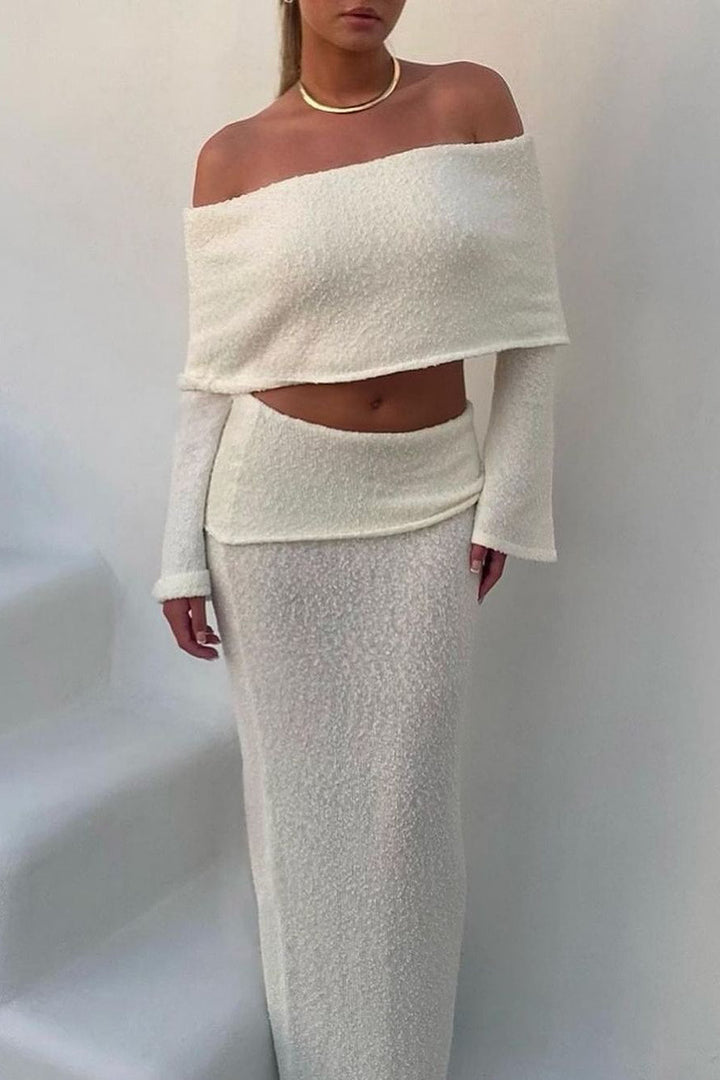 Valantomode | Chic Ivory Off-Shoulder Knit Top & Maxi Skirt Set