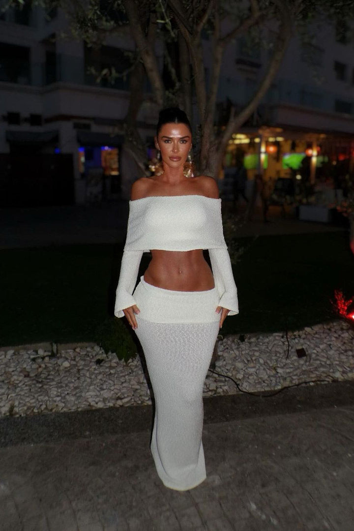 Valantomode | Chic Ivory Off-Shoulder Knit Top & Maxi Skirt Set