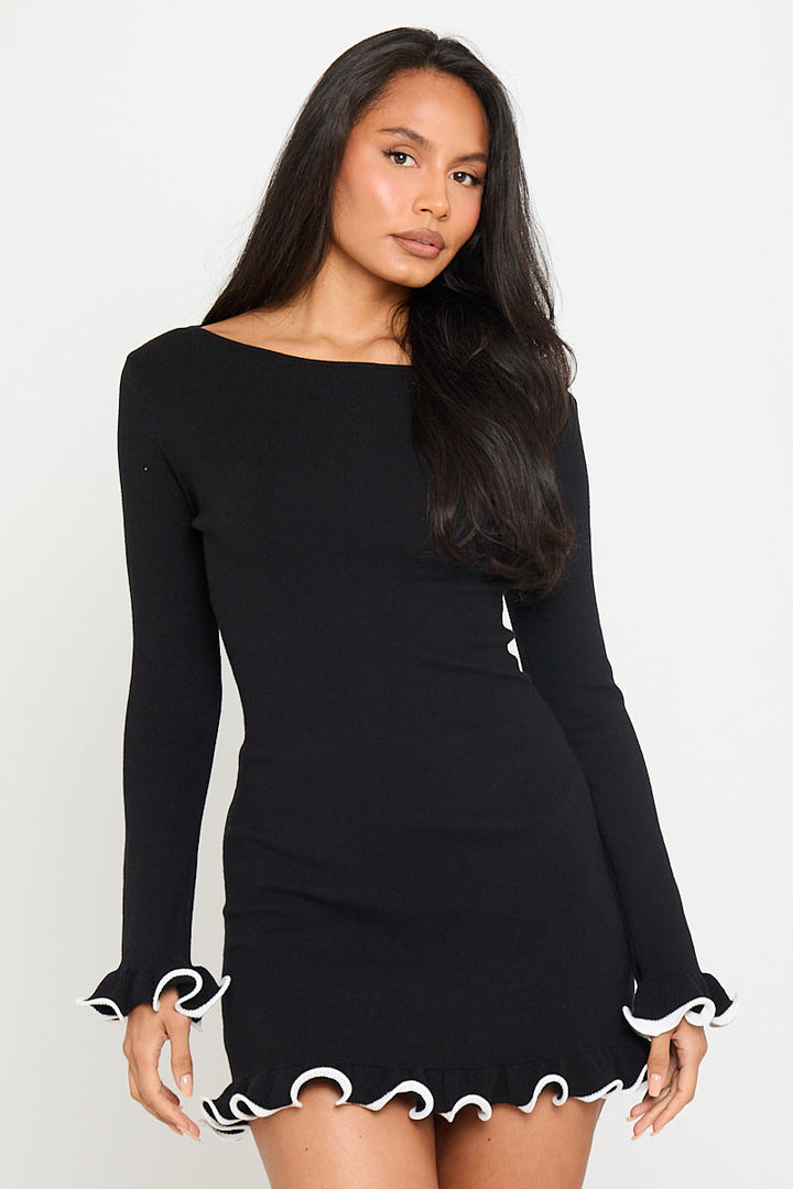 Valantomode | Chic Black Ruffle Hem Long Sleeve Mini Dress