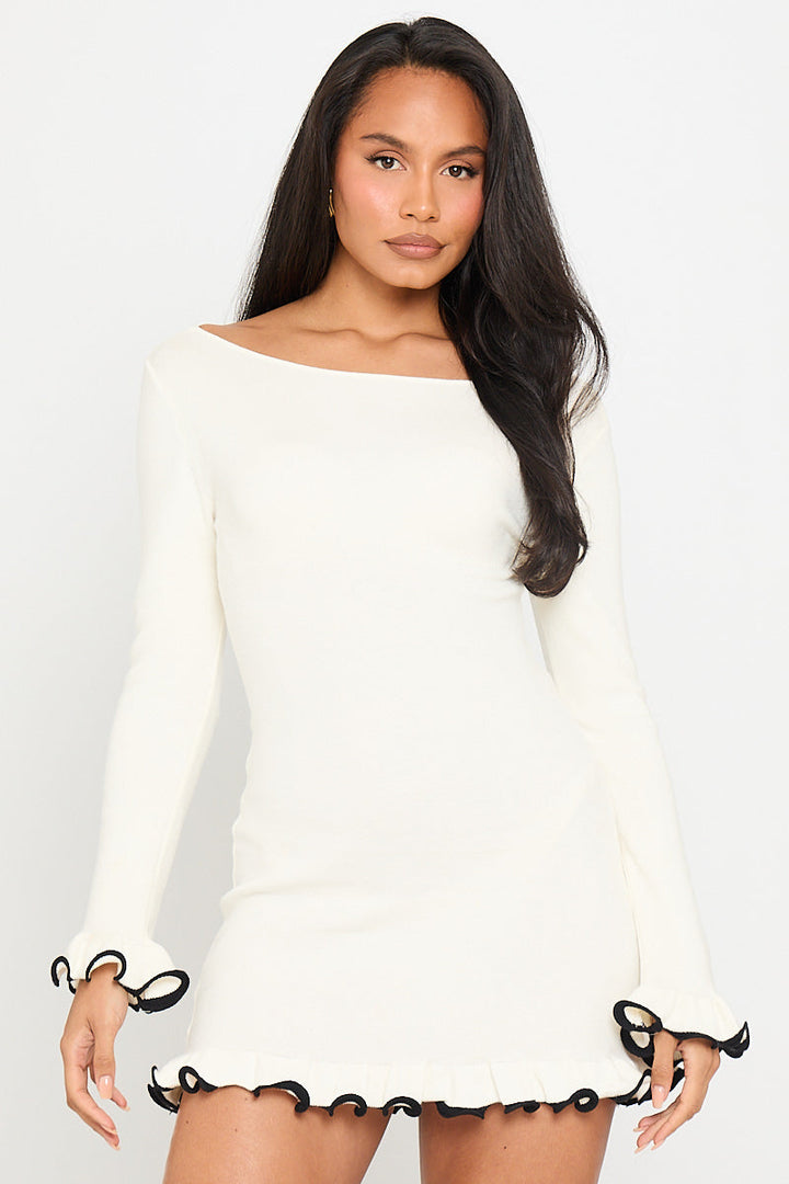 Valantomode | Cream Ruffle Hem Long Sleeve Mini Dress for Effortless Style