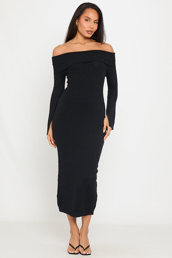 Valantomode | Chic Black Off-Shoulder Long Sleeve Maxi Dress