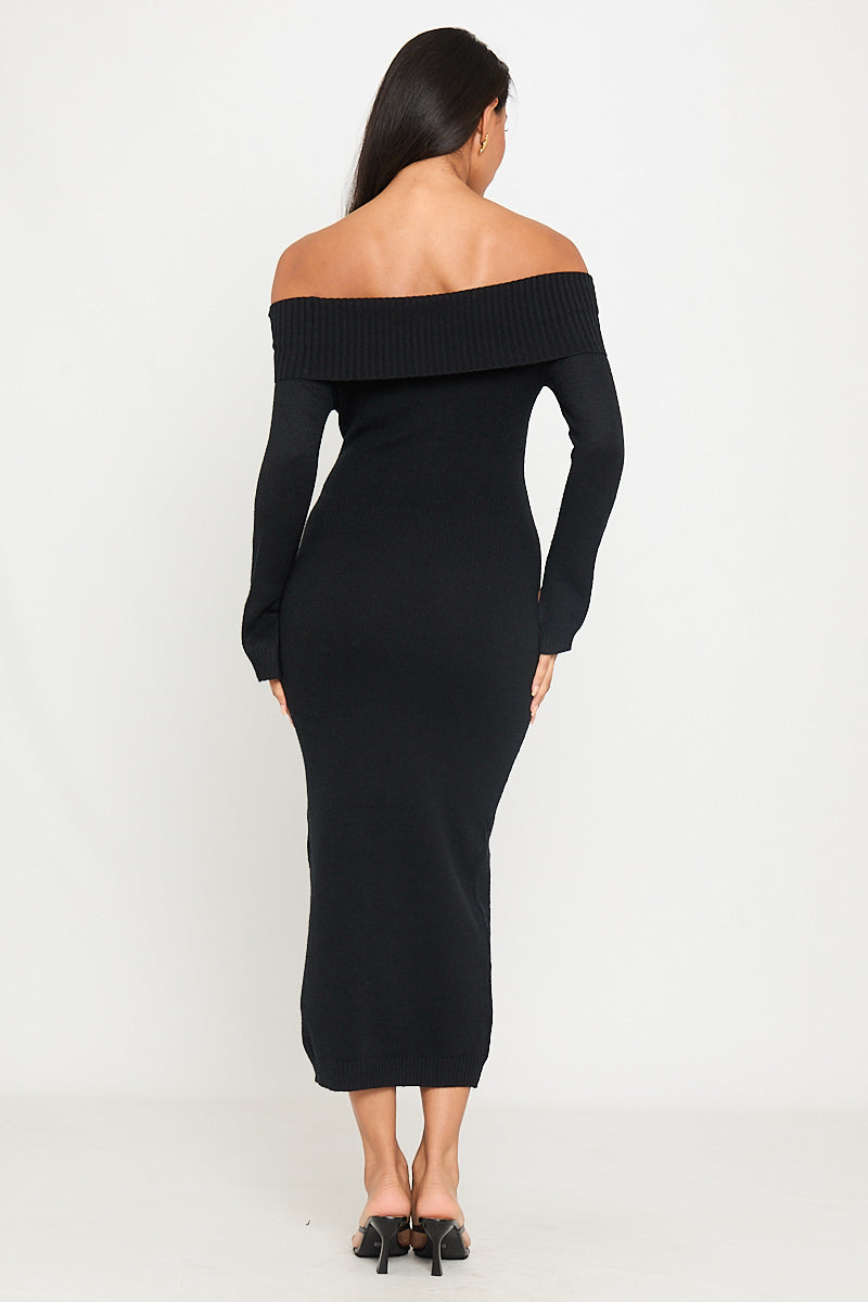 Valantomode | Chic Black Off-Shoulder Long Sleeve Maxi Dress