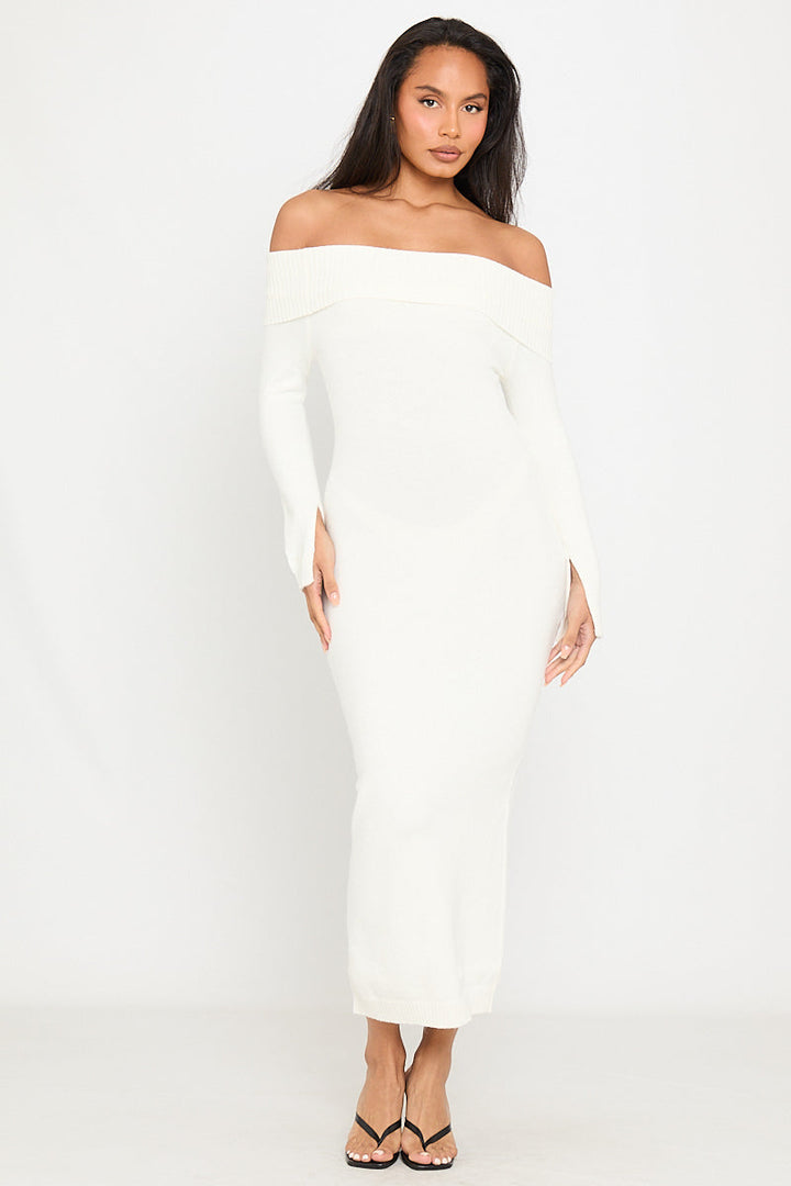 Valantomode | Cream Off-Shoulder Long Sleeve Maxi Dress for Elegance