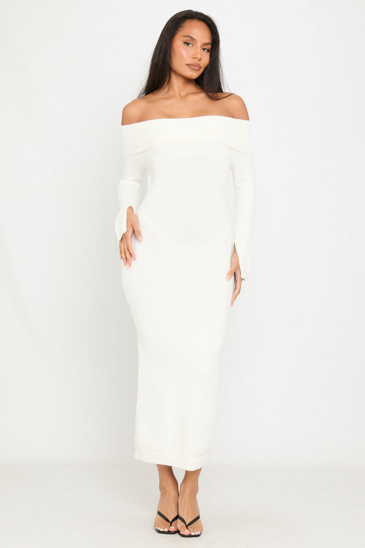 Valantomode | Cream Off-Shoulder Long Sleeve Maxi Dress for Elegance