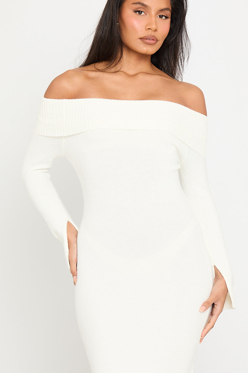 Valantomode | Cream Off-Shoulder Long Sleeve Maxi Dress for Elegance