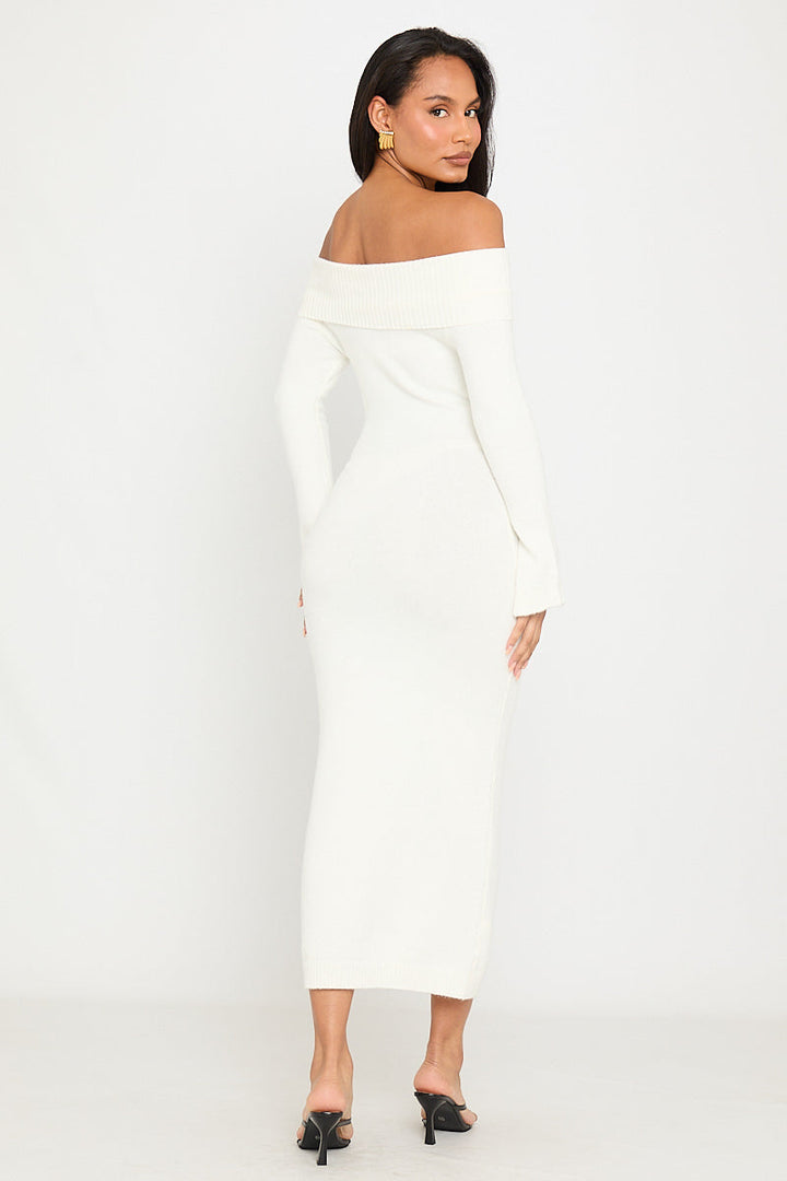 Valantomode | Cream Off-Shoulder Long Sleeve Maxi Dress for Elegance