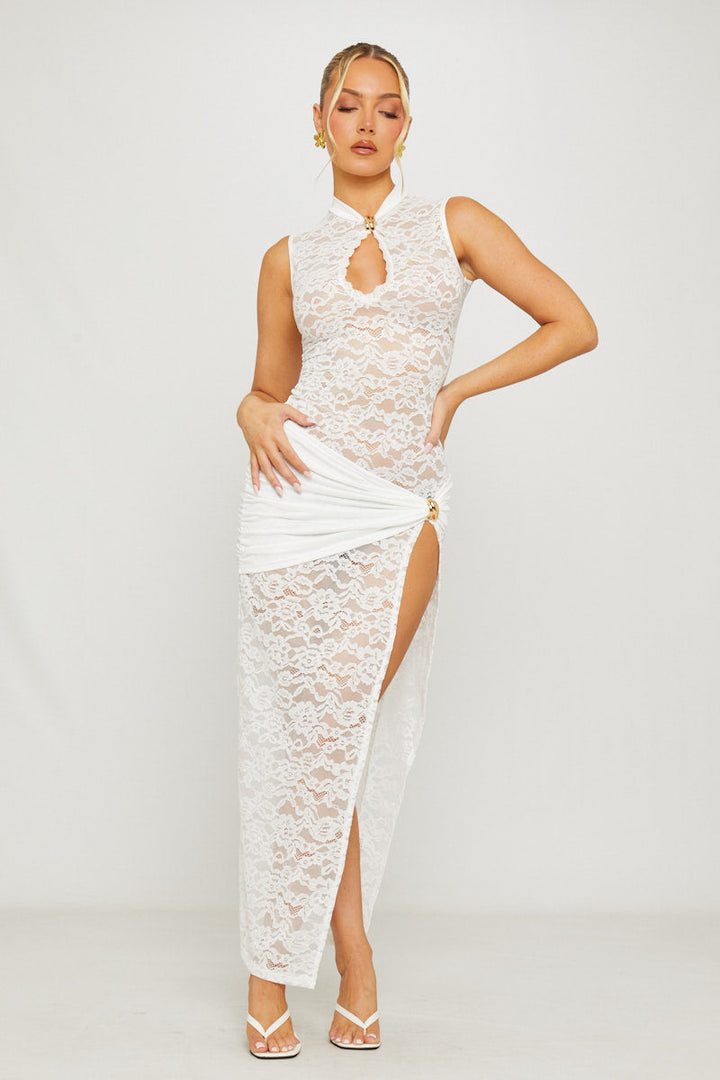 Valantomode | Elegant White Lace Keyhole Maxi Dress with Thigh Split