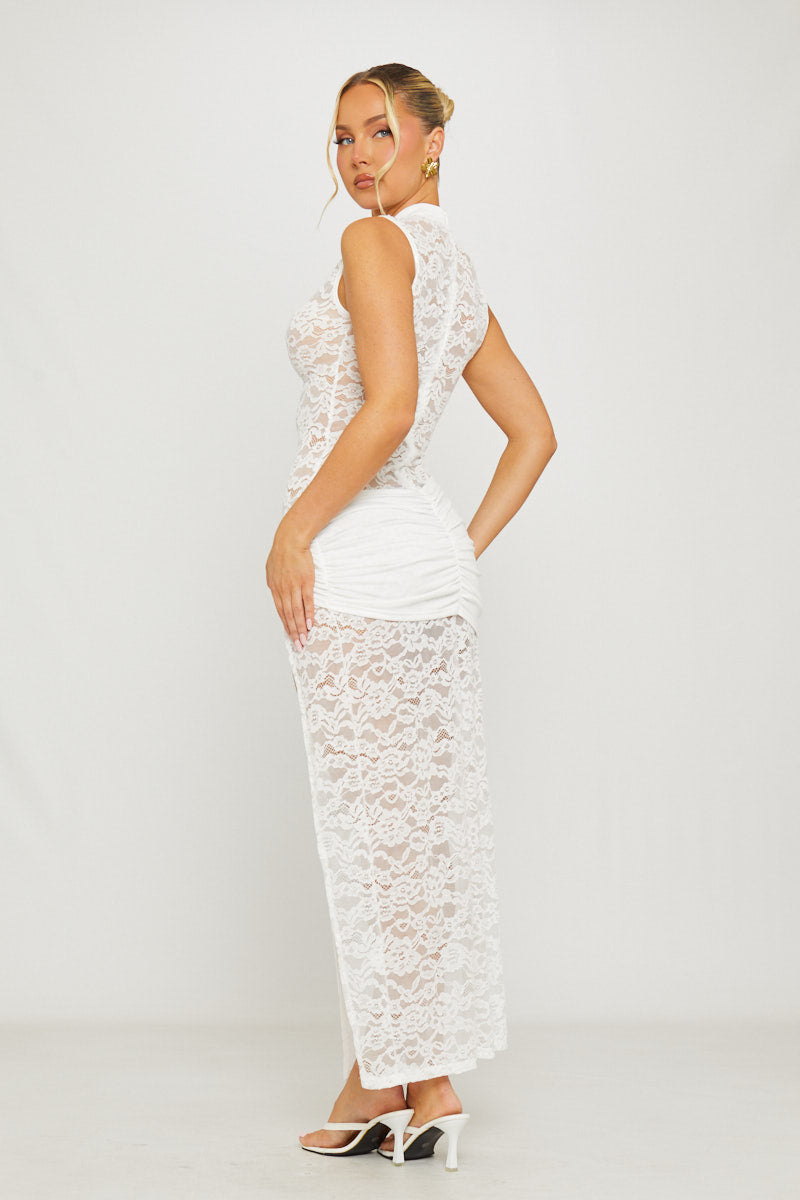 Valantomode | Elegant White Lace Keyhole Maxi Dress with Thigh Split