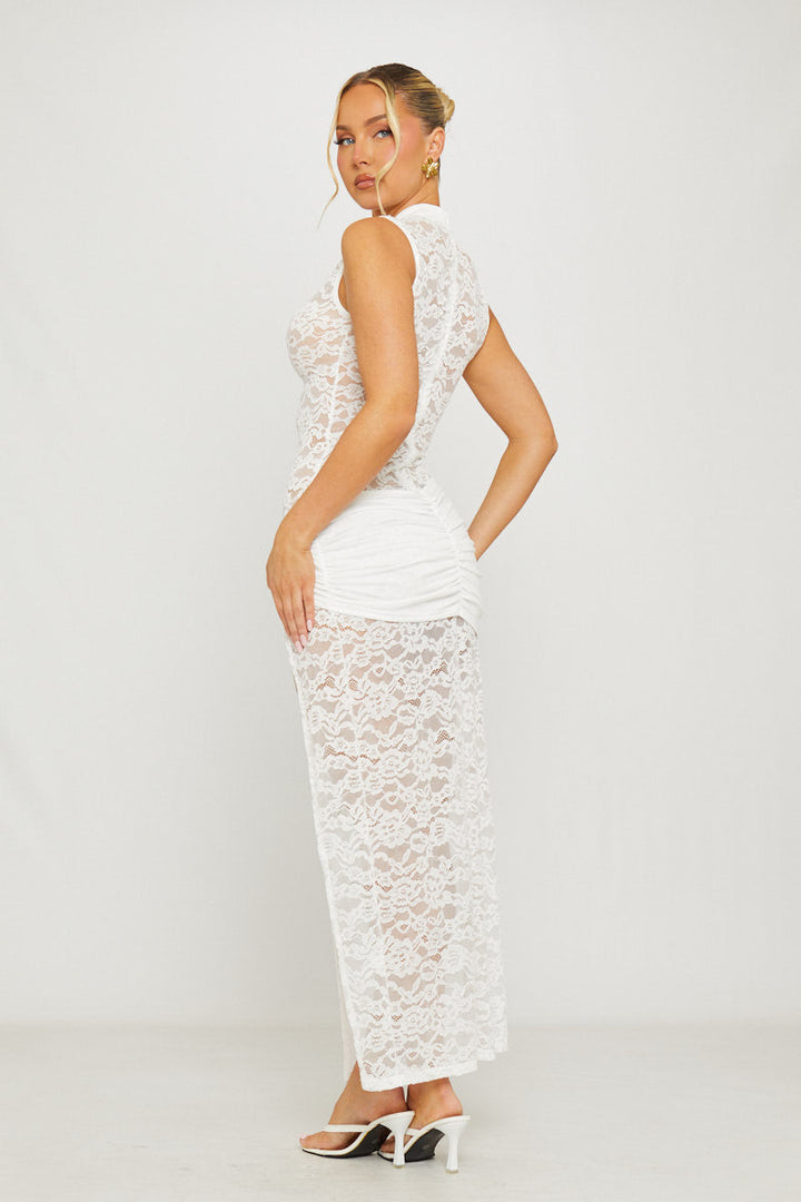 Valantomode | Elegant White Lace Keyhole Maxi Dress with Thigh Split