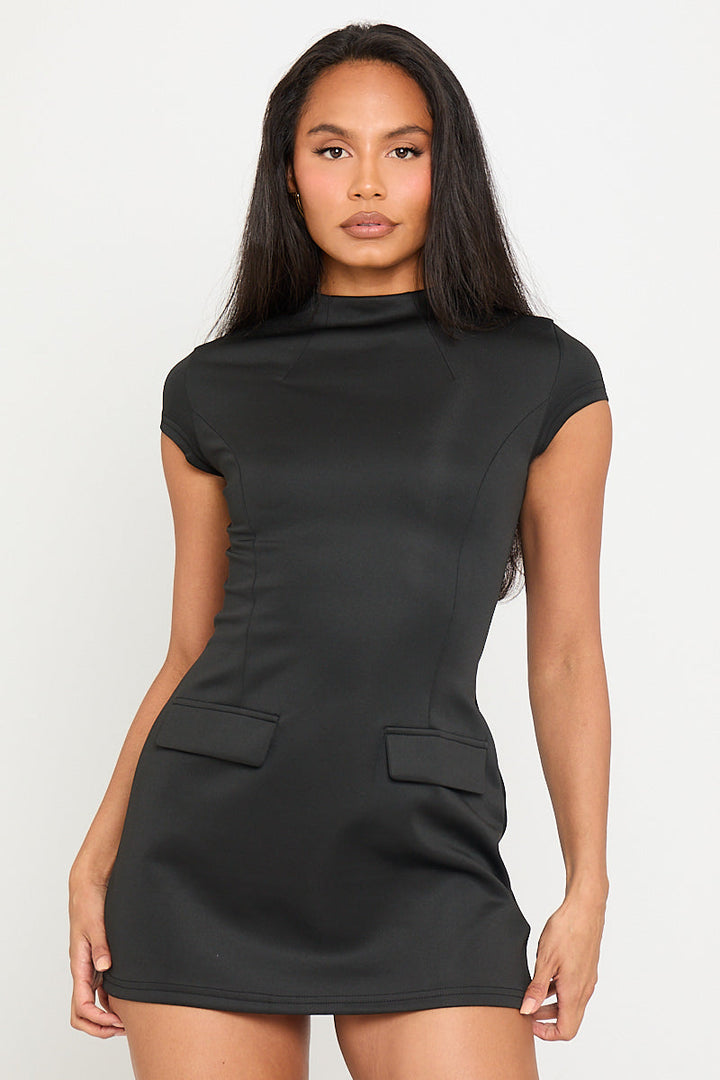 Valantomode | Chic Black Cap Sleeve High Neck Mini Dress for Every Occasion