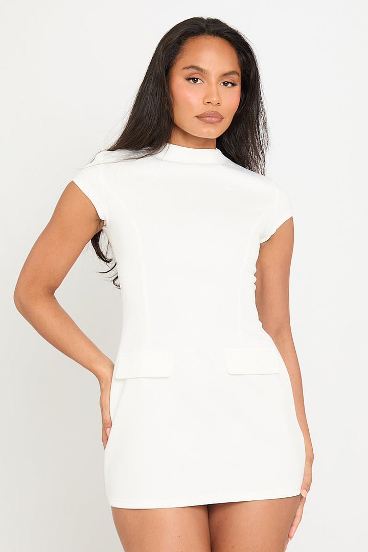Valantomode | Chic White High Neck Cap Sleeve Mini Dress for Elegance