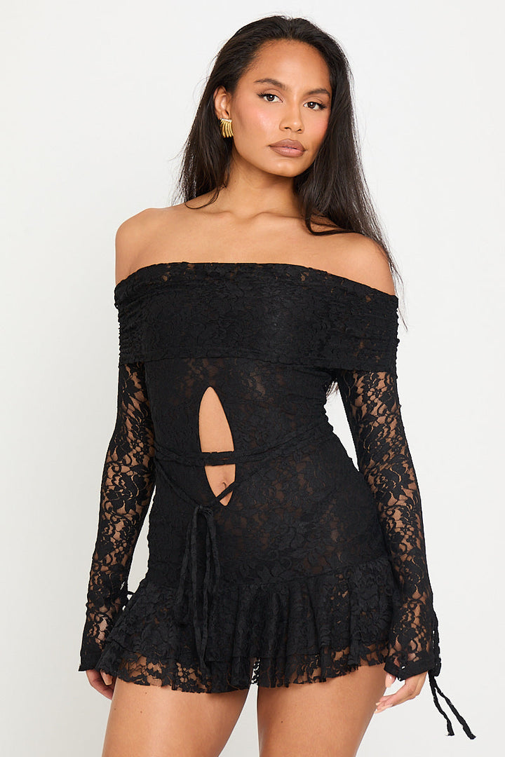 Valantomode | Chic Black Lace Bardot Mini Dress with Cut-Out Frills