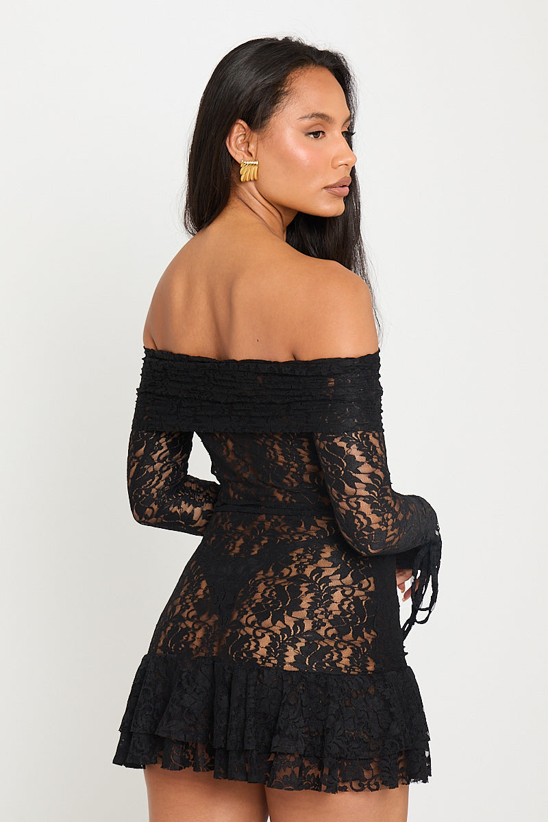 Valantomode | Chic Black Lace Bardot Mini Dress with Cut-Out Frills