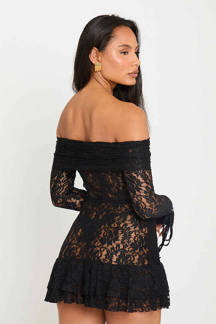 Valantomode | Chic Black Lace Bardot Mini Dress with Cut-Out Frills