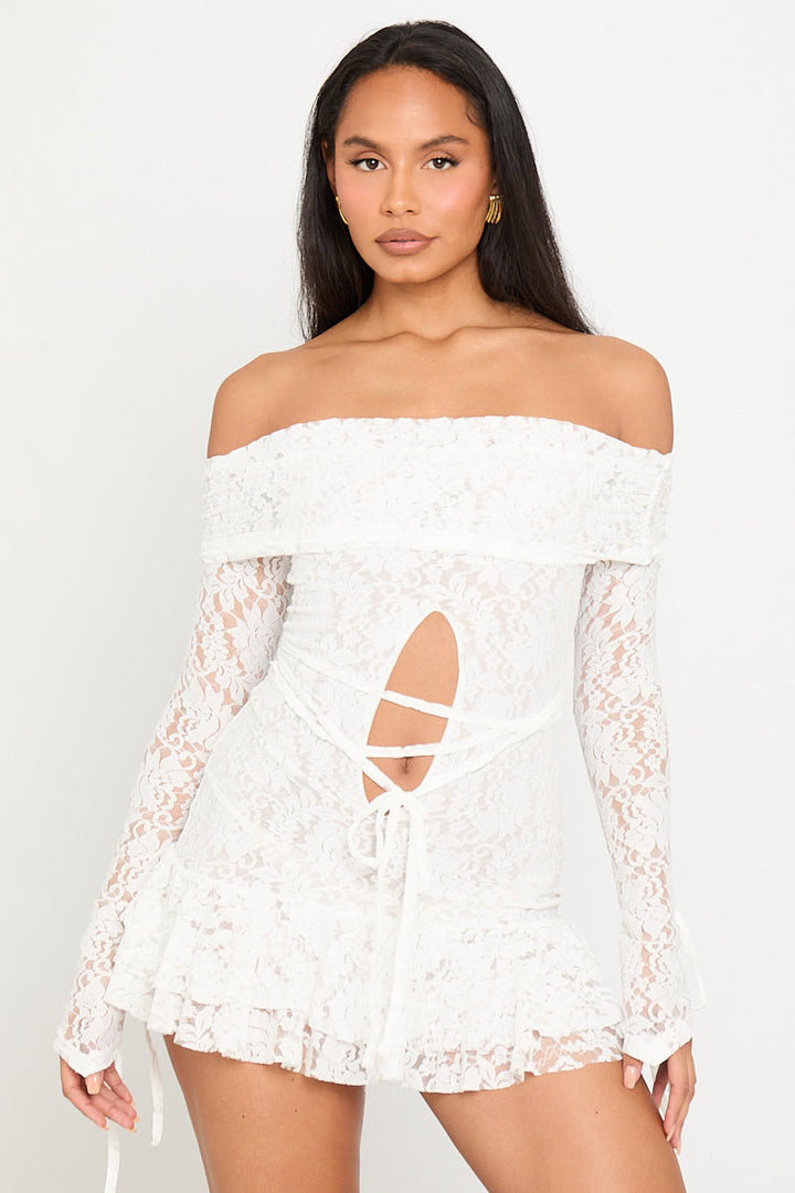 Valantomode | Chic White Lace Bardot Mini Dress with Cut Out Frills