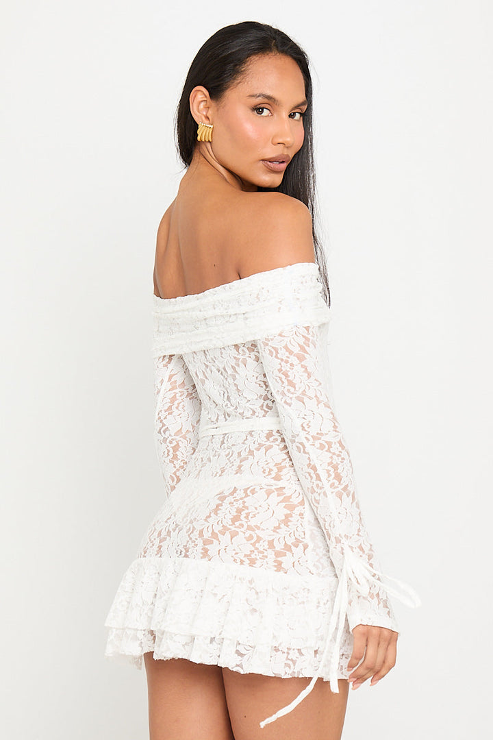 Valantomode | Chic White Lace Bardot Mini Dress with Cut Out Frills