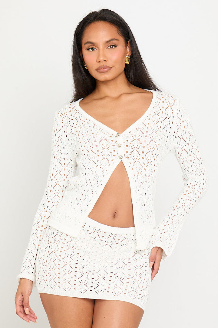 Valantomode | Chic White Knit Cardigan & Mini Skirt Set