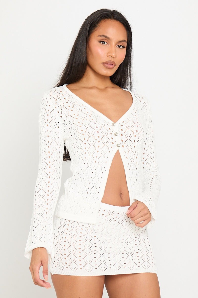 Valantomode | Chic White Knit Cardigan & Mini Skirt Set