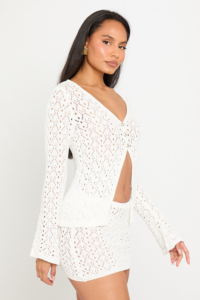 Valantomode | Chic White Knit Cardigan & Mini Skirt Set