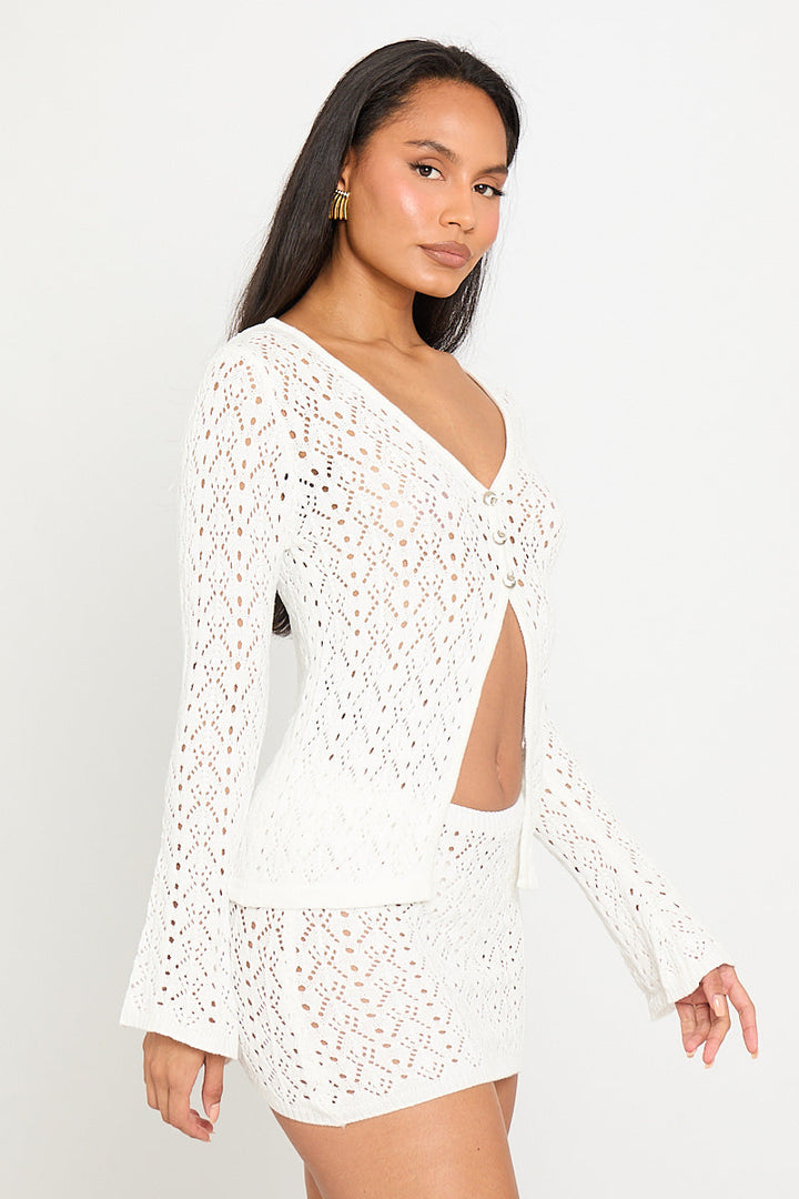 Valantomode | Chic White Knit Cardigan & Mini Skirt Set