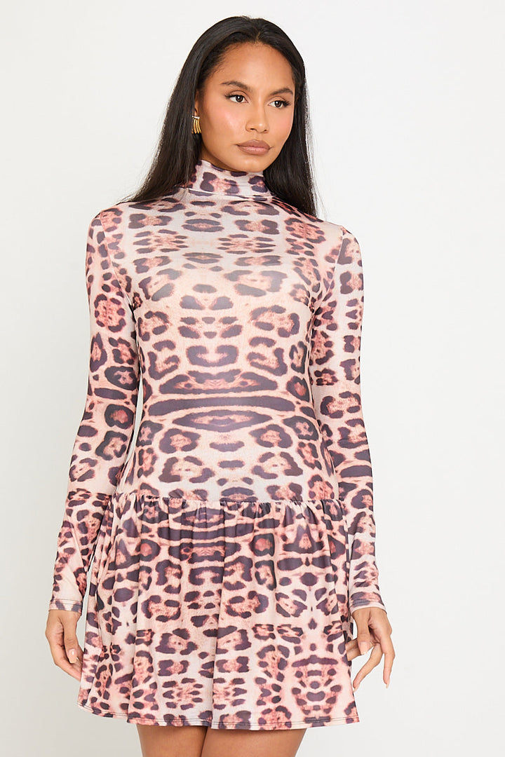 Valantomode | Chic Leopard Print High Neck Mini Dress with Long Sleeves