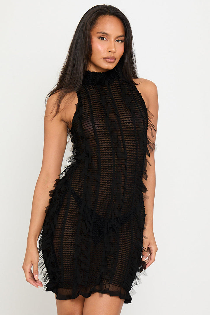 Valantomode | Chic Black Sheer Shaggy Mini Dress with High Neck