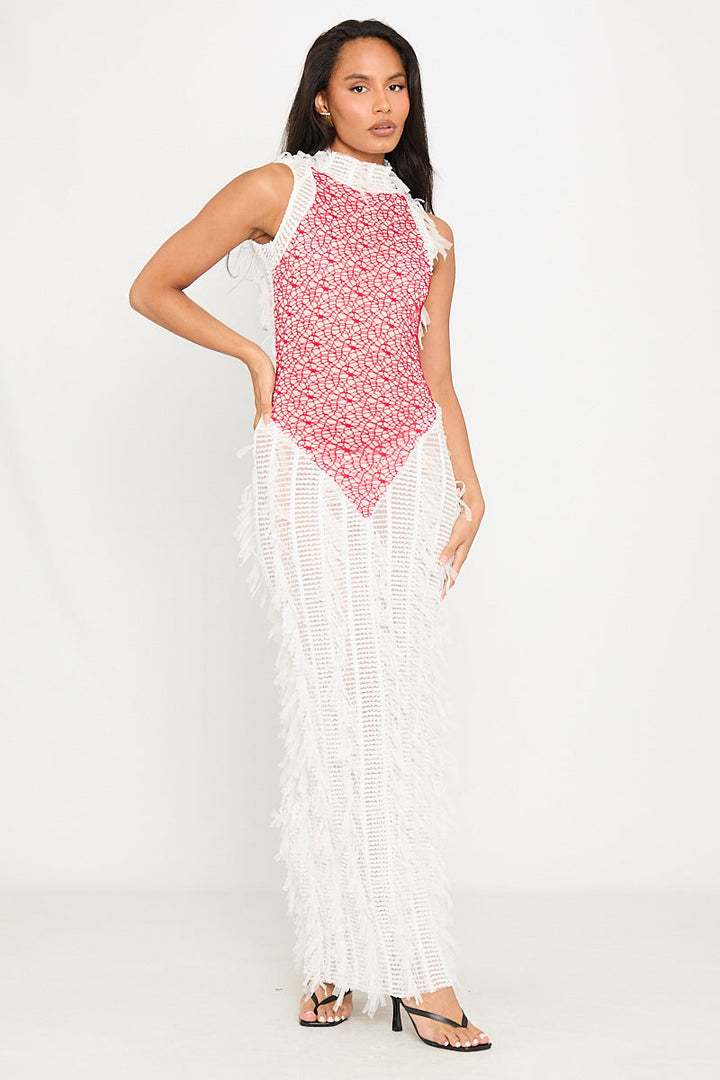Valantomode | Sheer Shaggy Open Back Maxi Dress in White & Red