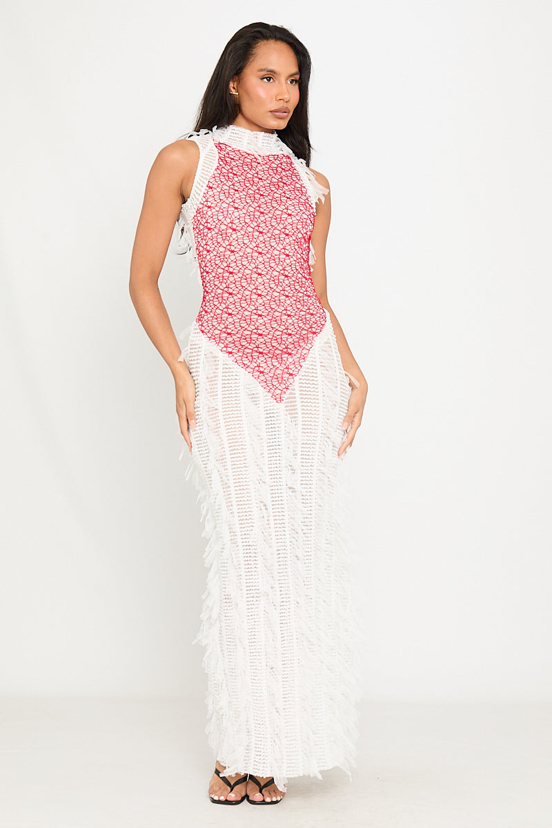 Valantomode | Sheer Shaggy Open Back Maxi Dress in White & Red