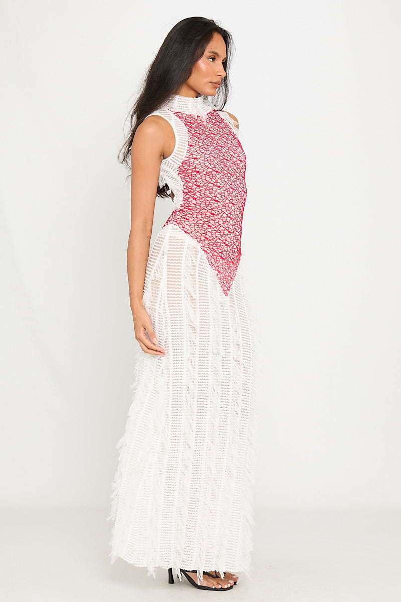 Valantomode | Sheer Shaggy Open Back Maxi Dress in White & Red