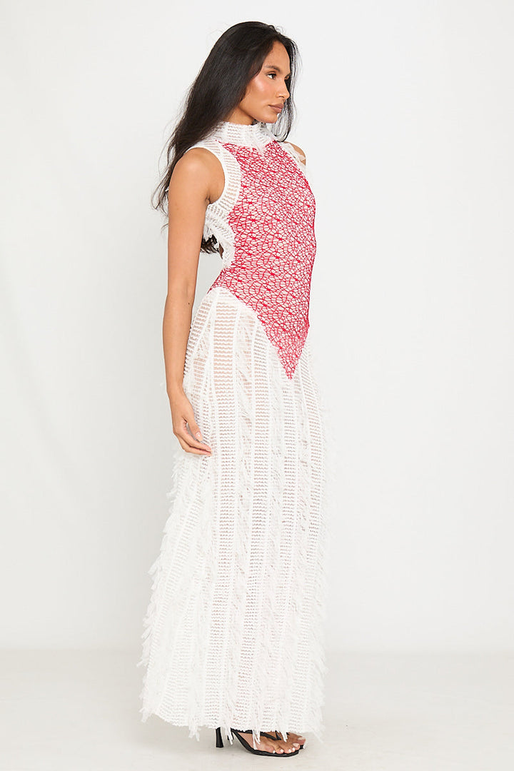 Valantomode | Sheer Shaggy Open Back Maxi Dress in White & Red