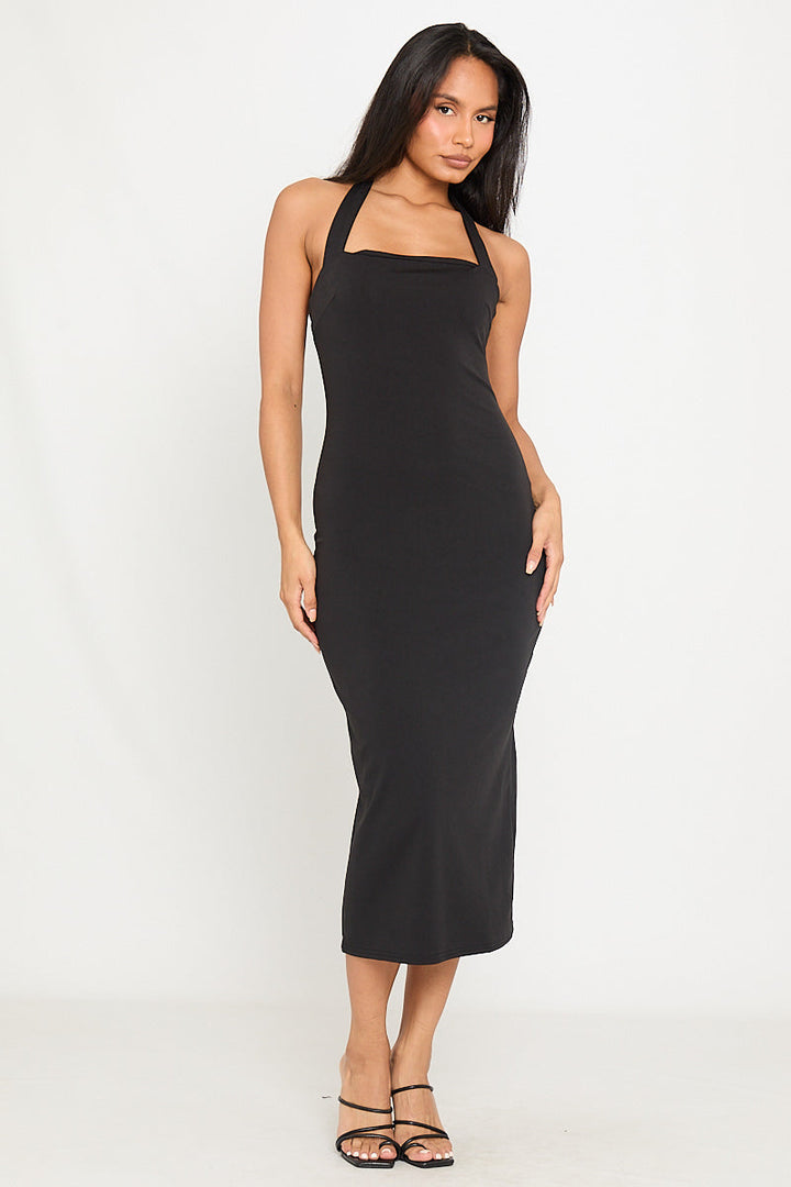 Valantomode | Chic Black Halter Bodycon Midi Dress for Effortless Elegance