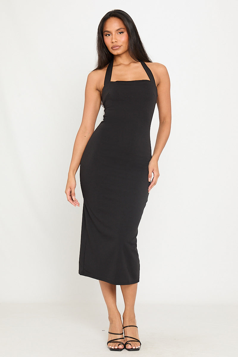 Valantomode | Chic Black Halter Bodycon Midi Dress for Effortless Elegance
