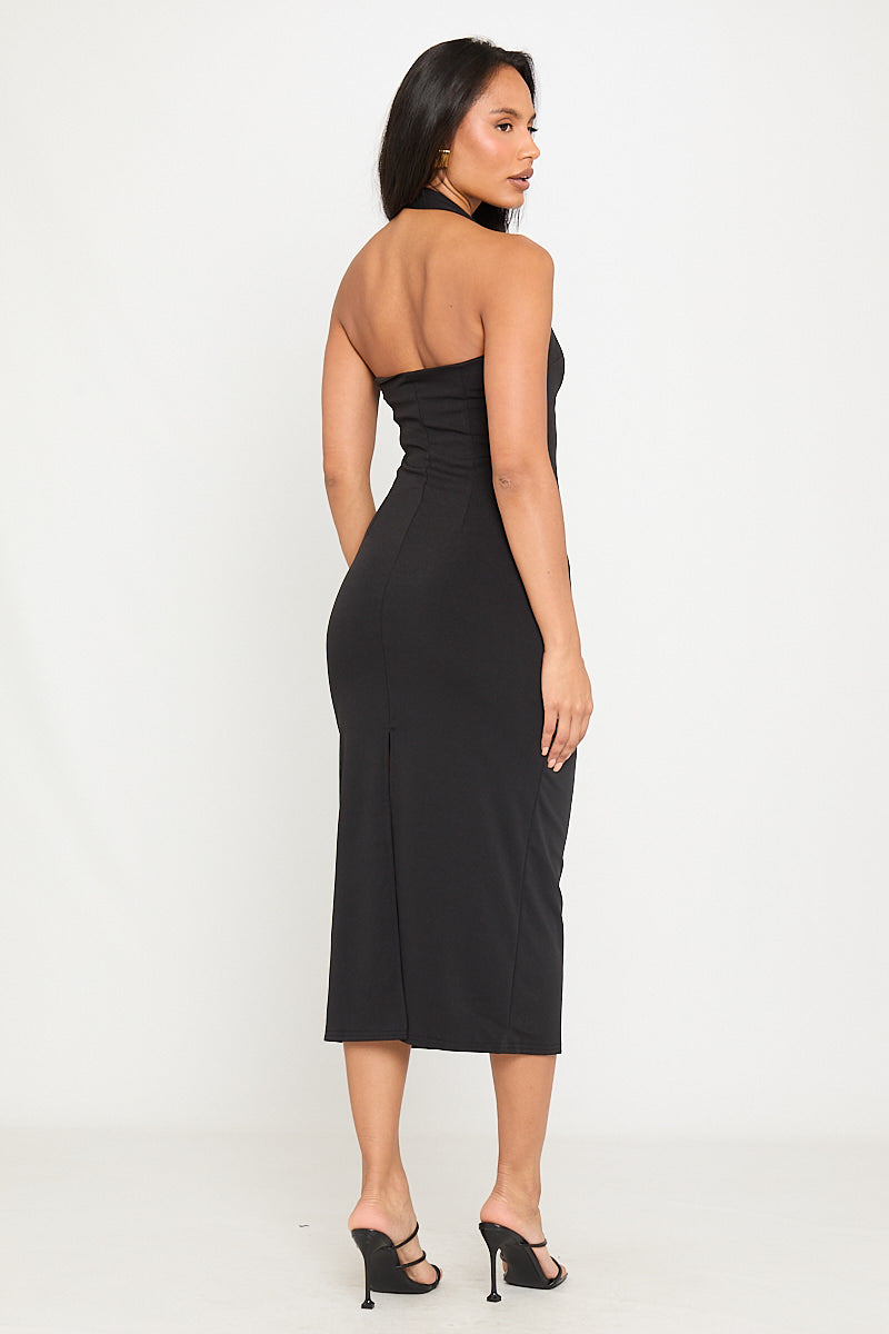 Valantomode | Chic Black Halter Bodycon Midi Dress for Effortless Elegance