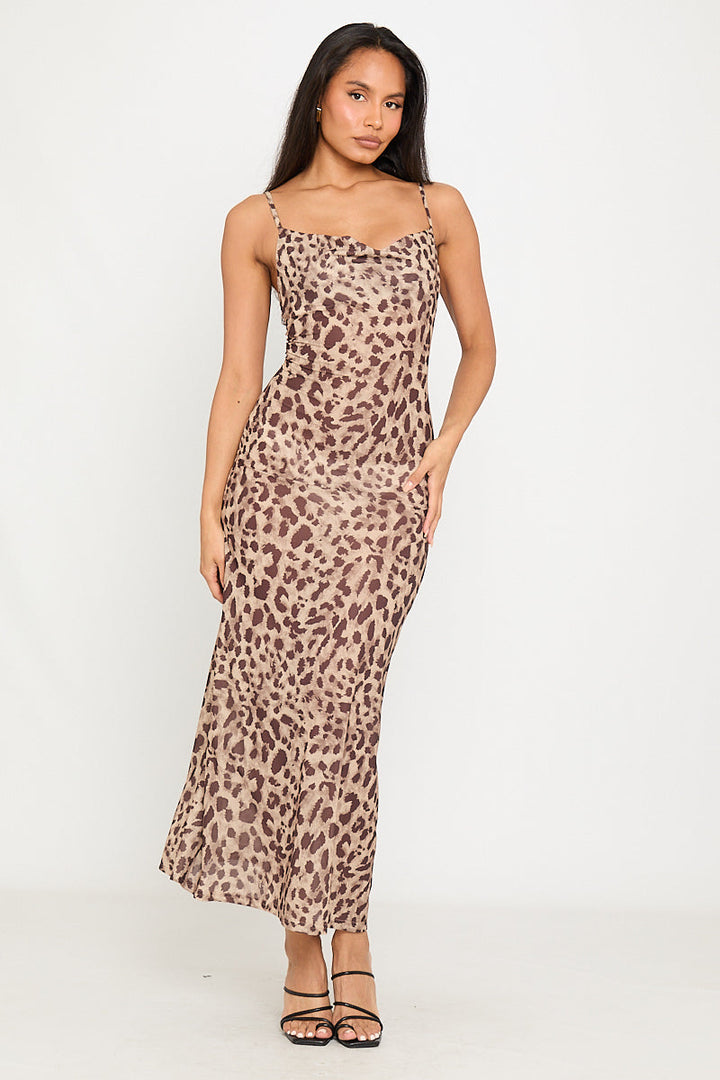 Valantomode | Chic Leopard Print Strappy Maxi Dress with Cowl Neck