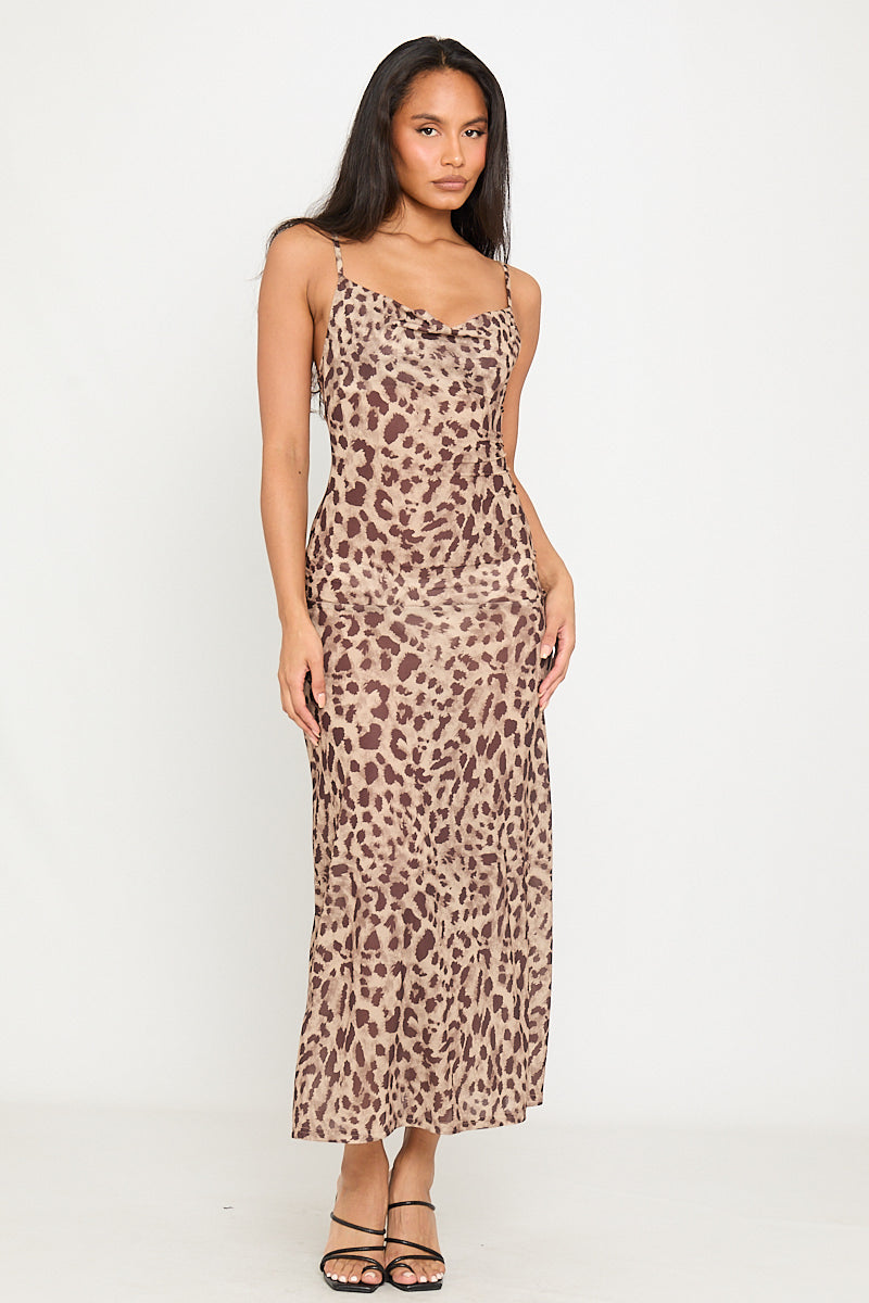 Valantomode | Chic Leopard Print Strappy Maxi Dress with Cowl Neck