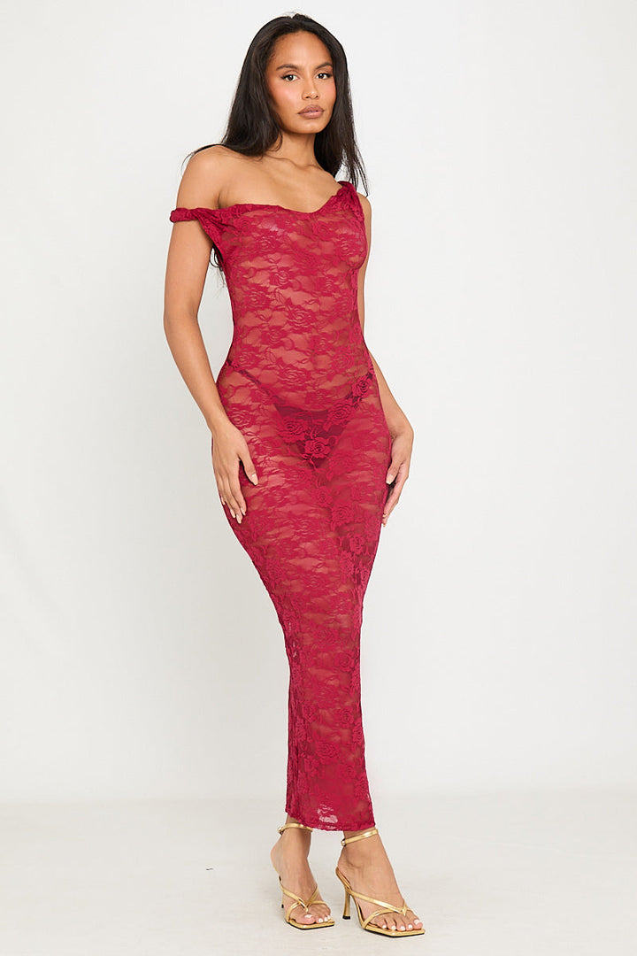 Valantomode | Elegant Wine Sheer Lace Asymmetric Maxi Dress with Twist Detail