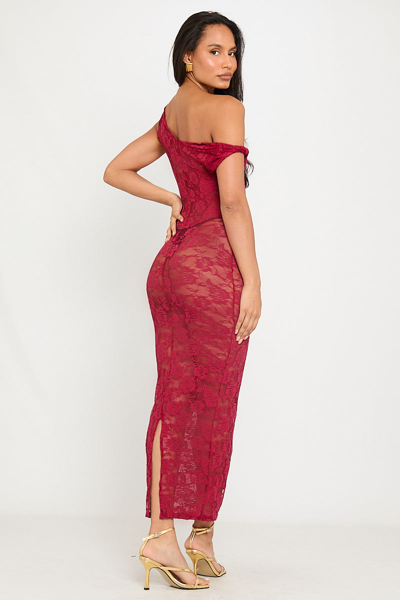 Valantomode | Elegant Wine Sheer Lace Asymmetric Maxi Dress with Twist Detail