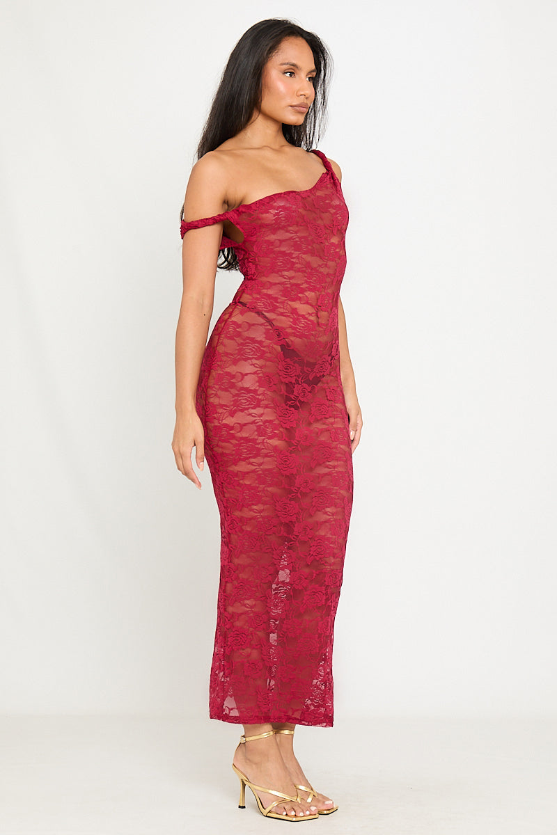 Valantomode | Elegant Wine Sheer Lace Asymmetric Maxi Dress with Twist Detail