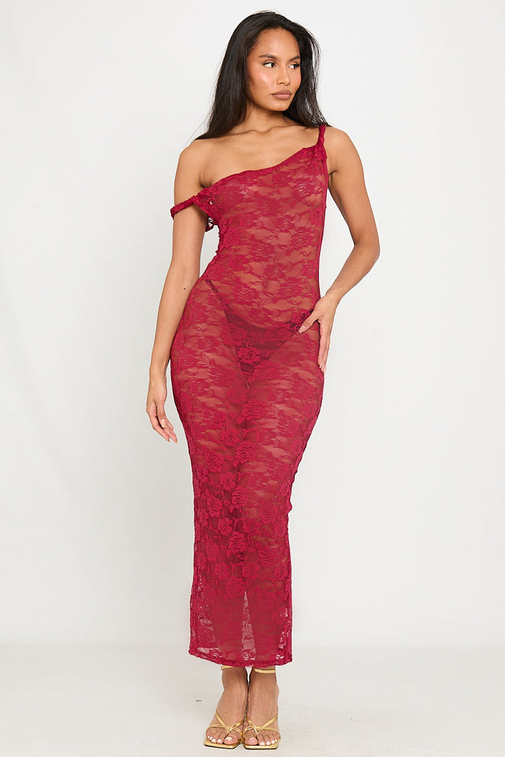 Valantomode | Elegant Wine Sheer Lace Asymmetric Maxi Dress with Twist Detail