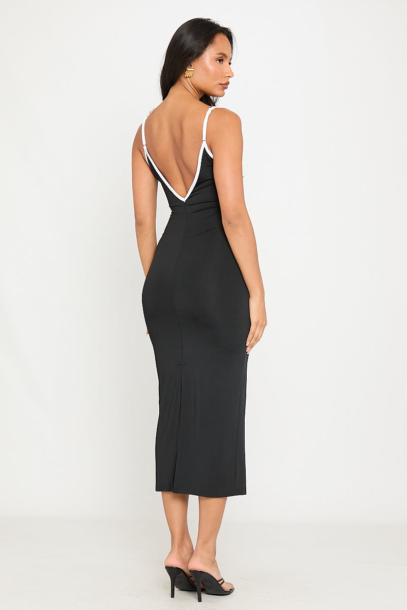 Valantomode | Strappy Black Plunge Midi Dress with Contrast Detail