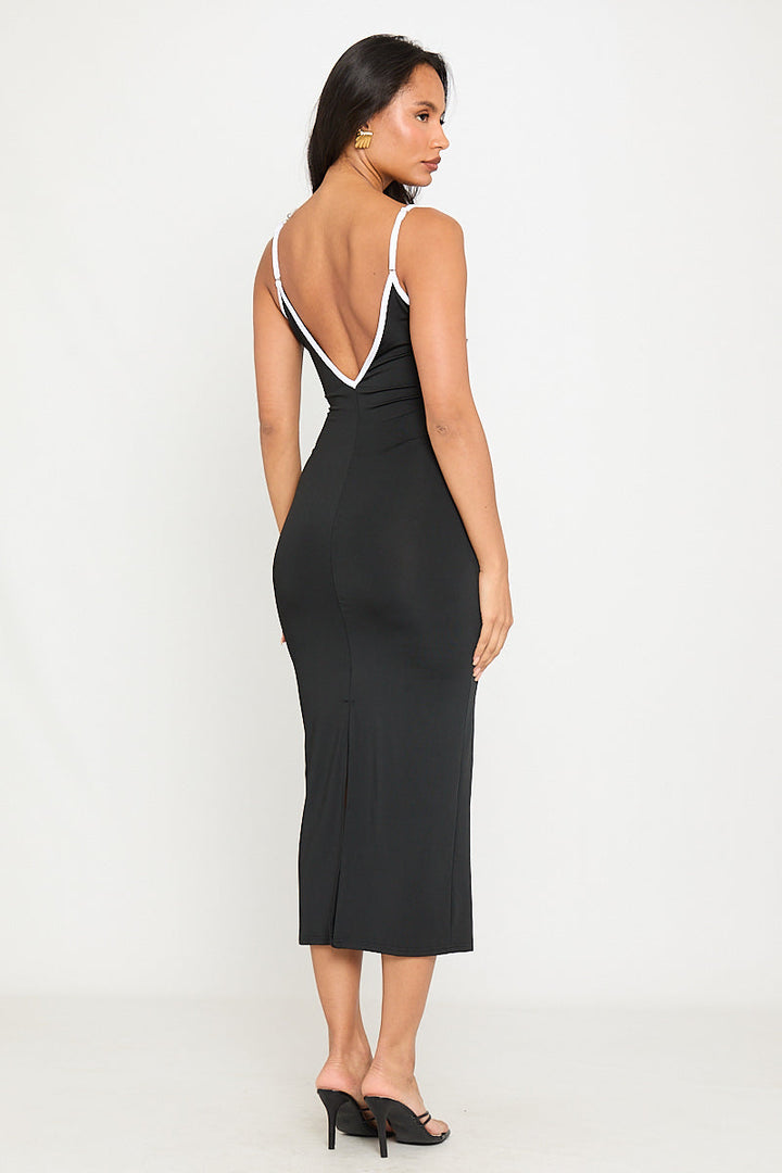 Valantomode | Strappy Black Plunge Midi Dress with Contrast Detail