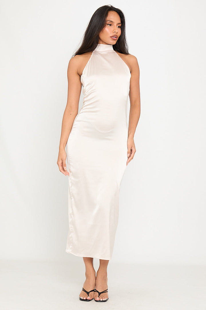 Valantomode | Elegant Champagne Satin High Neck Open Back Maxi Dress