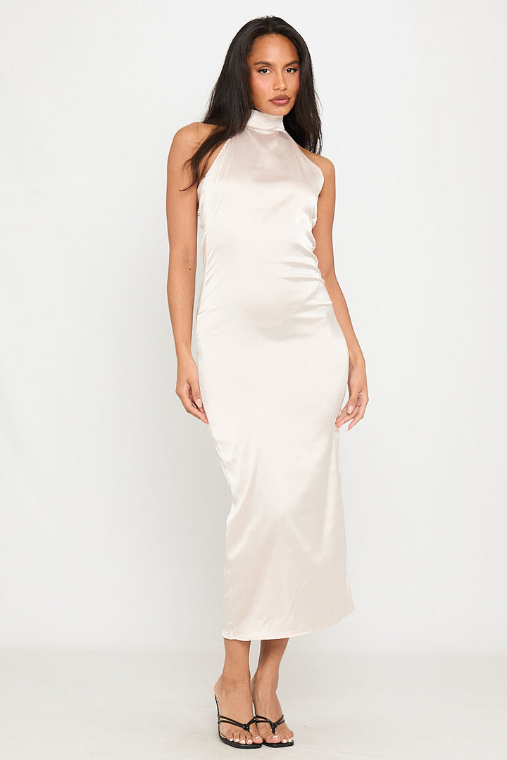 Valantomode | Elegant Champagne Satin High Neck Open Back Maxi Dress