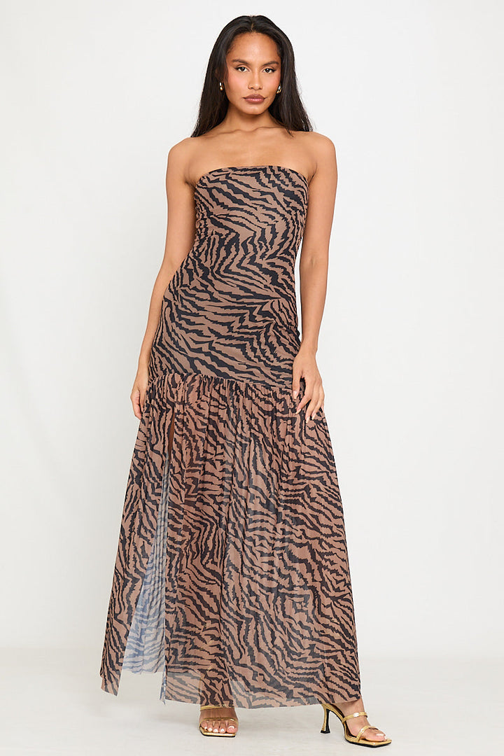 Valantomode | Chic Brown Tiger Print Strapless Maxi Dress