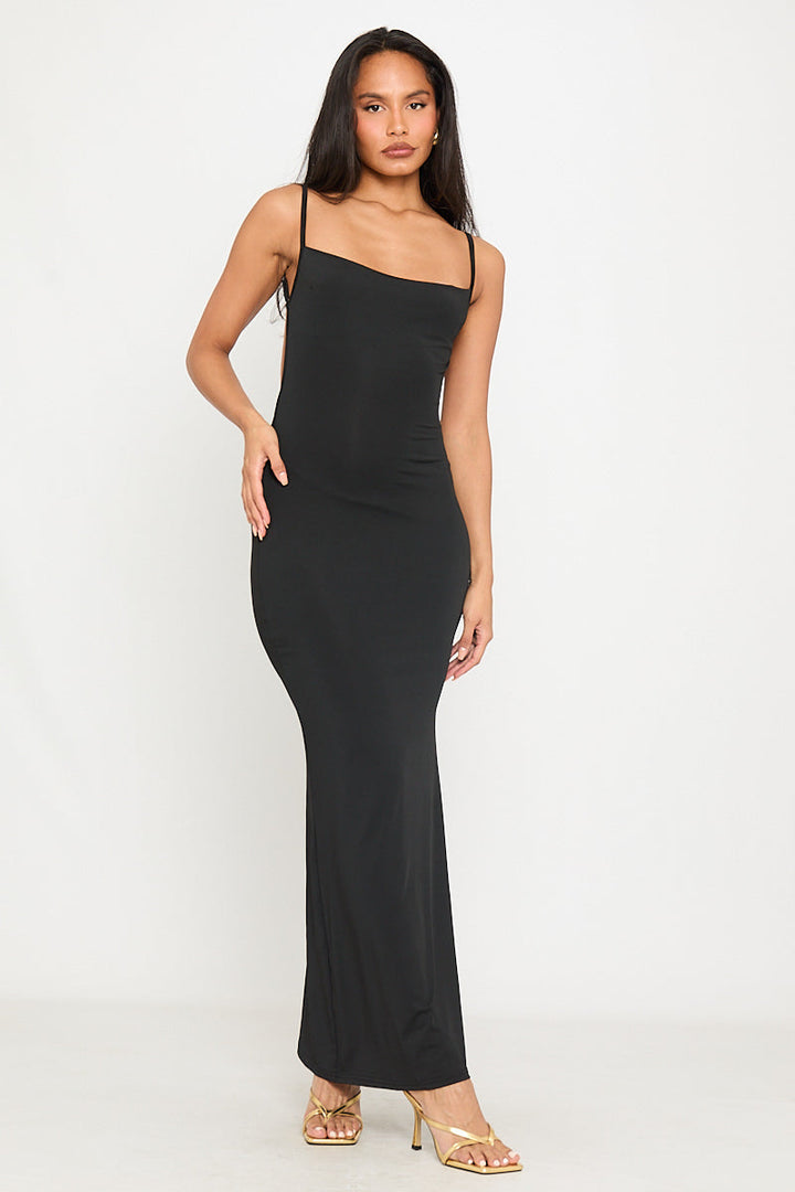 Valantomode | Chic Black Strappy Bodycon Maxi Dress with Low Back