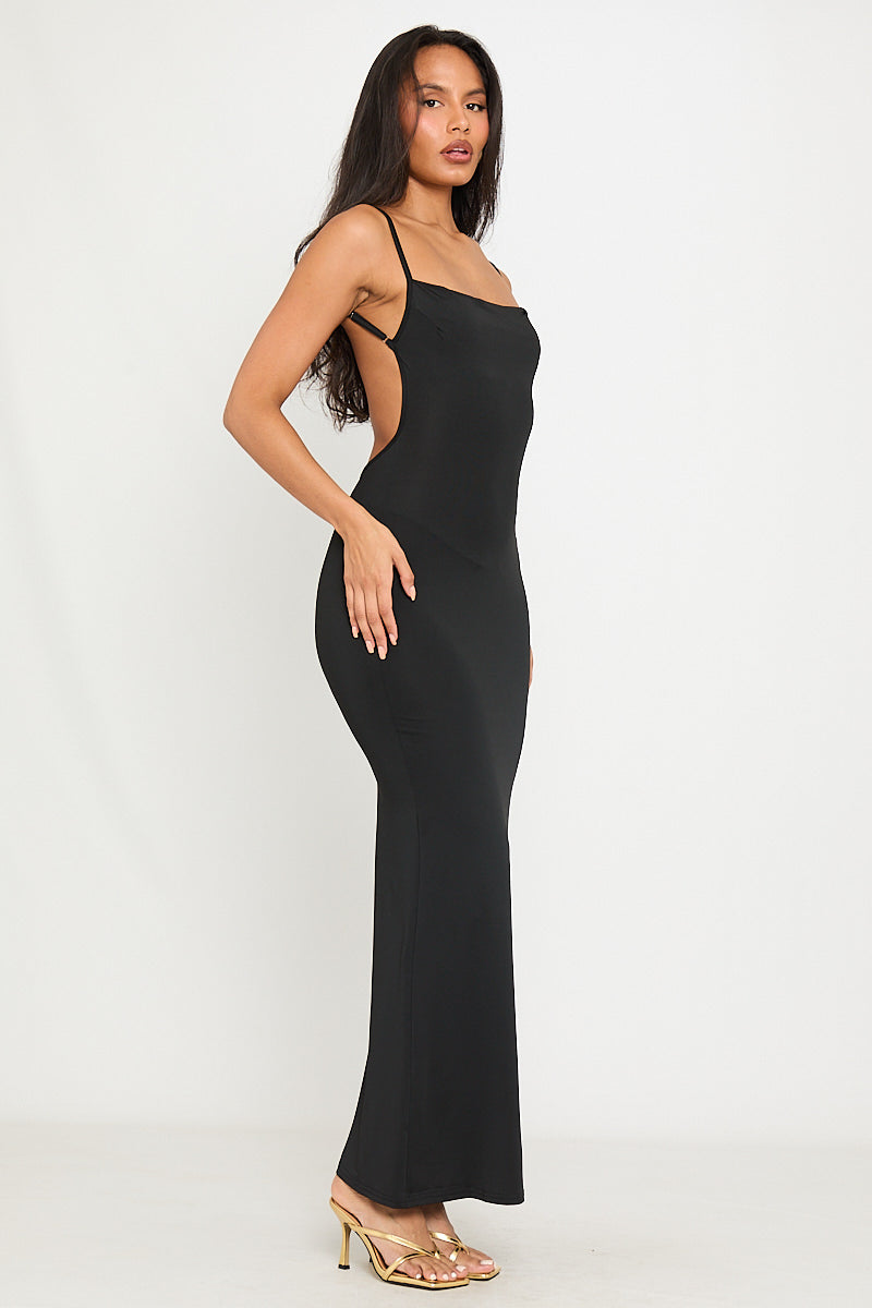 Valantomode | Chic Black Strappy Bodycon Maxi Dress with Low Back