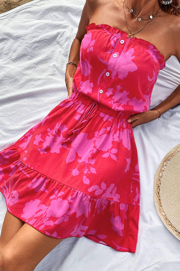 Valantomode | Floral Print Strapless Tie Waist Casual Summer Dress